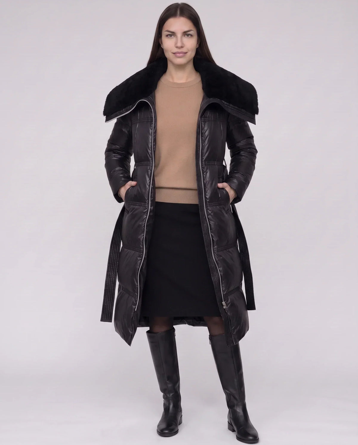 Long Belted Puffer Jacket with Faux Fur Collar
