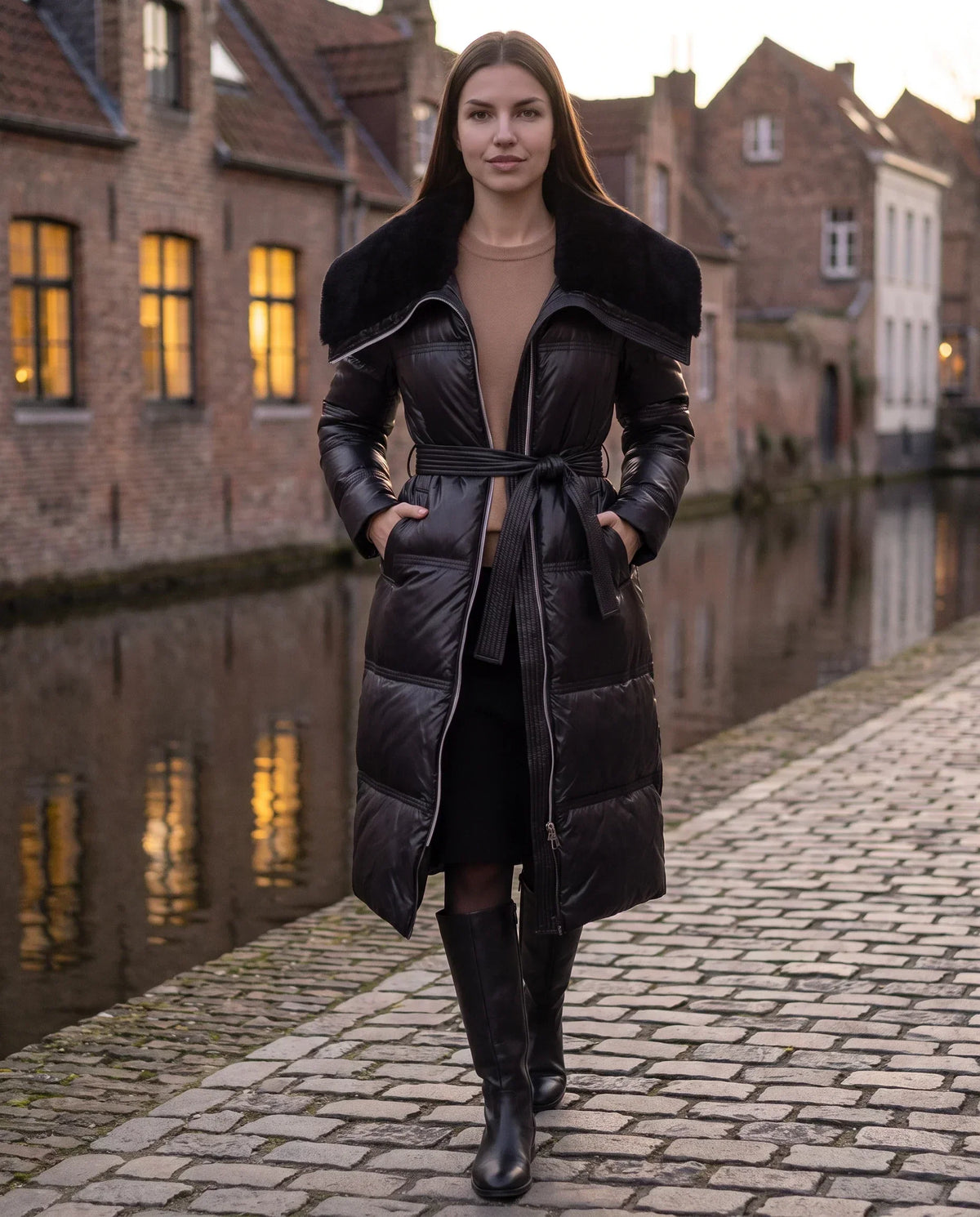 Long Belted Puffer Jacket with Faux Fur Collar