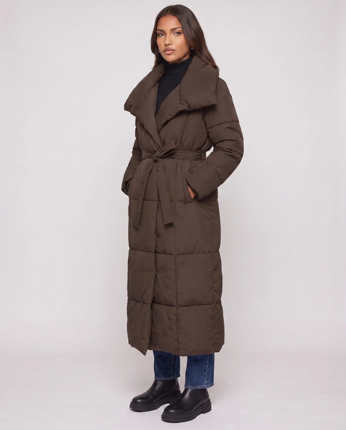 Extra-Long Belted Puffer Jacket with Quilted Shawl Collar