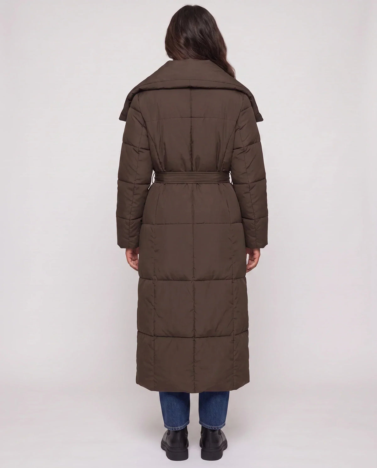 Extra-Long Belted Puffer Jacket with Quilted Shawl Collar