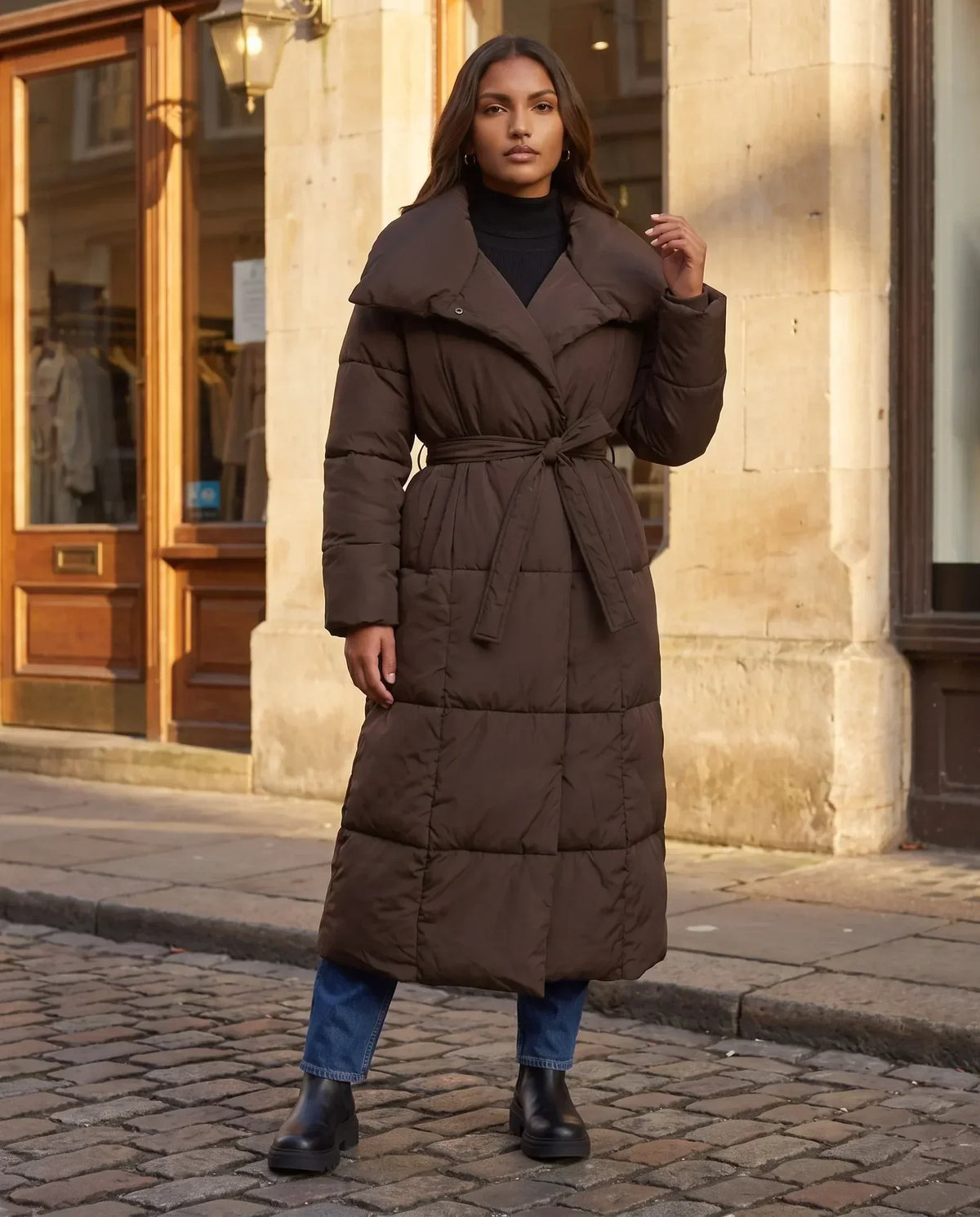 Extra-Long Belted Puffer Jacket with Quilted Shawl Collar