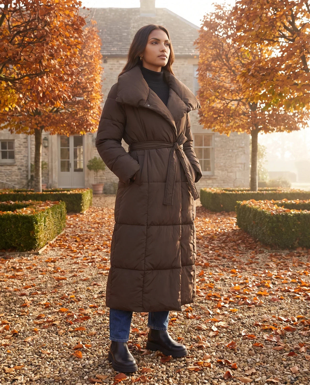 Extra-Long Belted Puffer Jacket with Quilted Shawl Collar