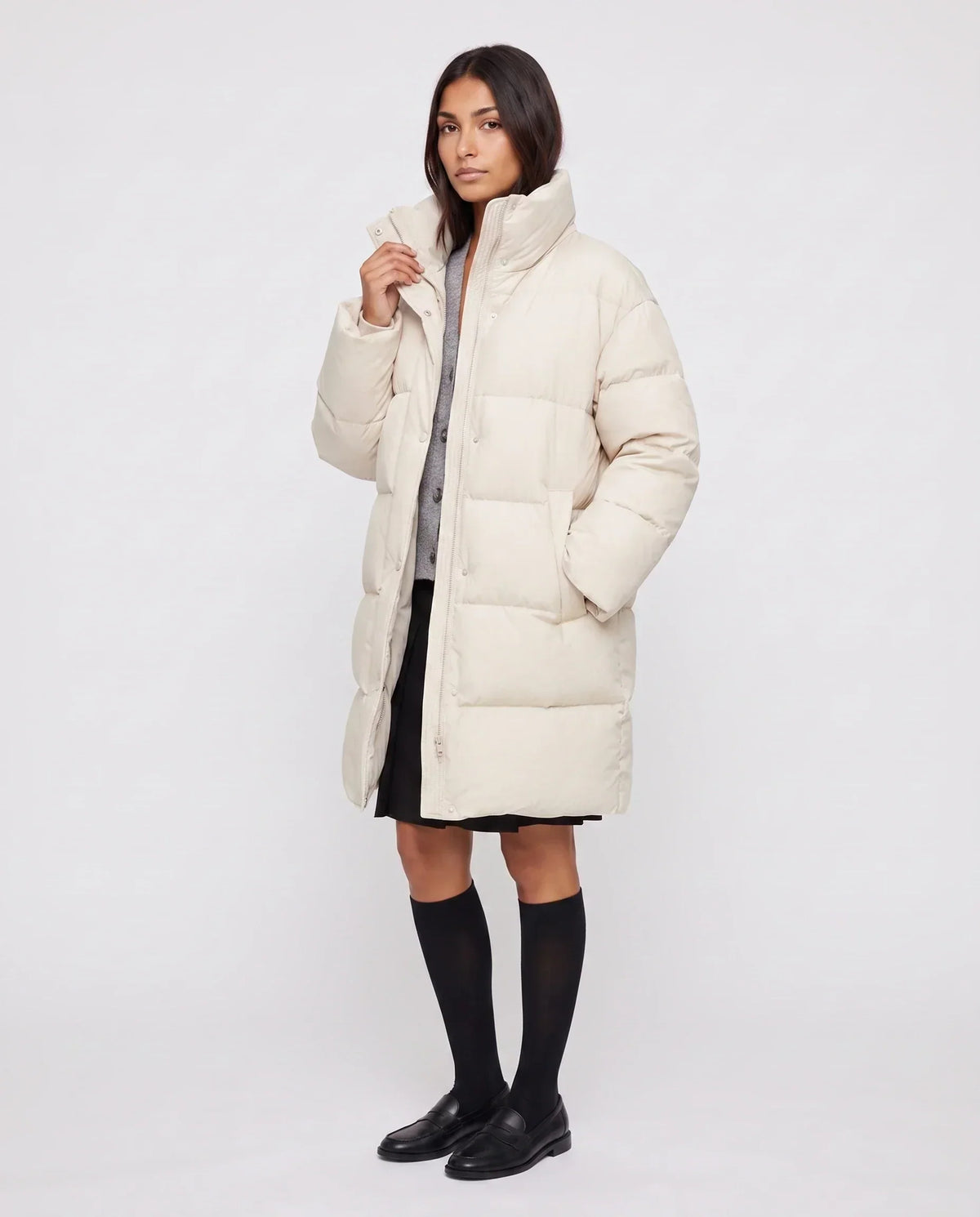 Long Cocoon Puffer Jacket with Funnel Collar