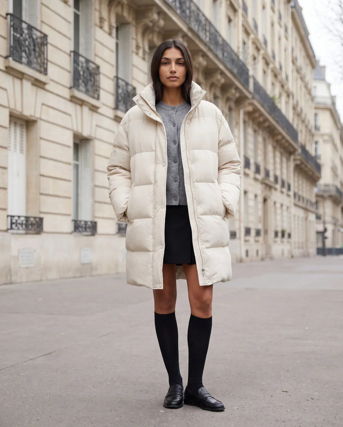 Long Cocoon Puffer Jacket with Funnel Collar