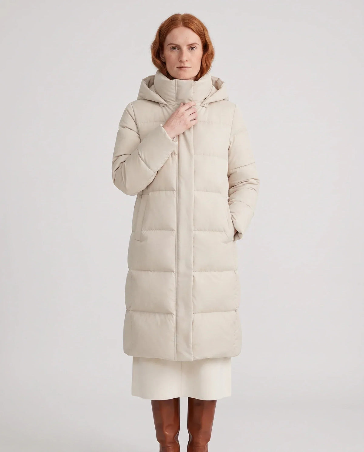 Long Water-Repellent Puffer Jacket with Hood Collar