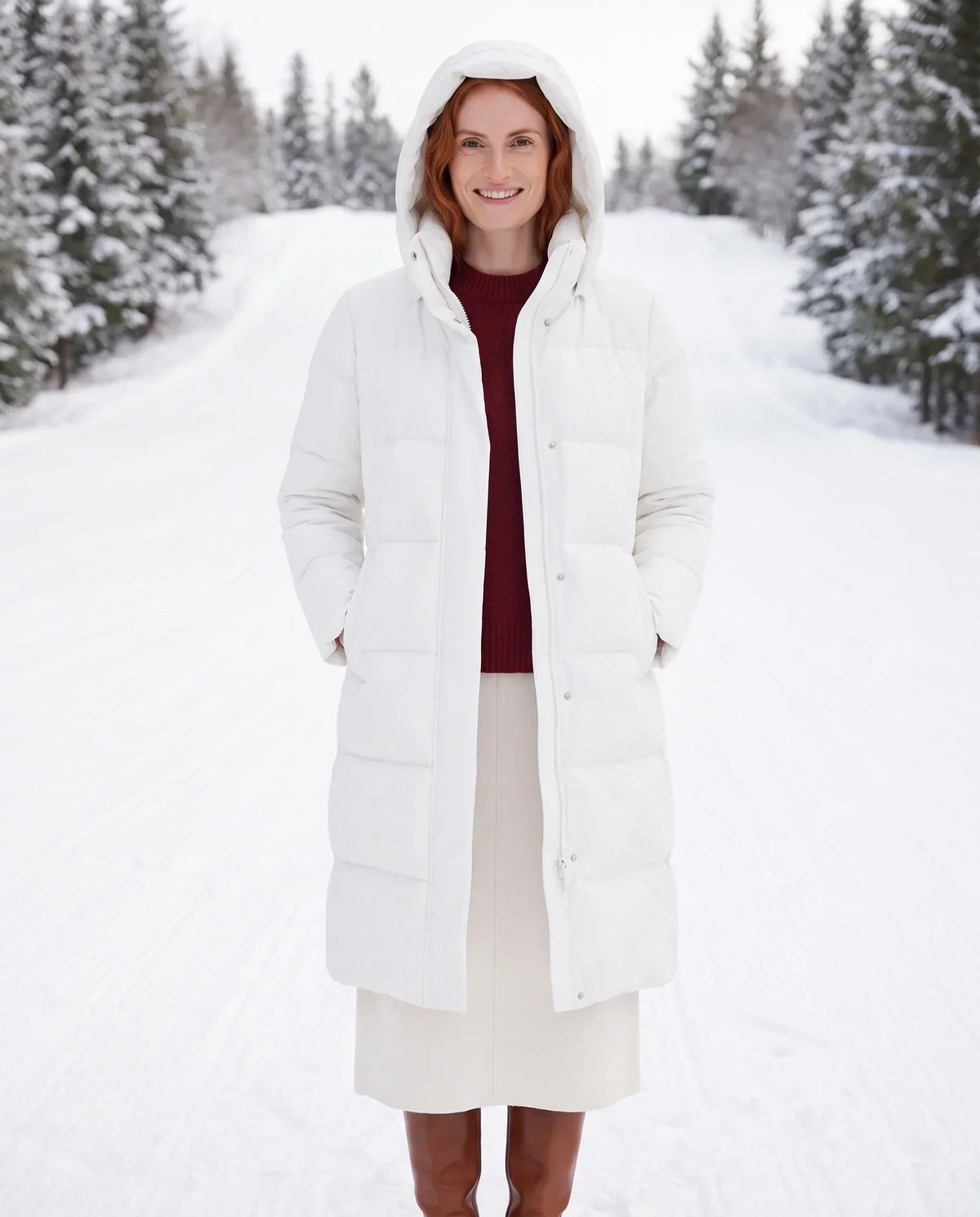 Long Water-Repellent Puffer Jacket with Hood Collar