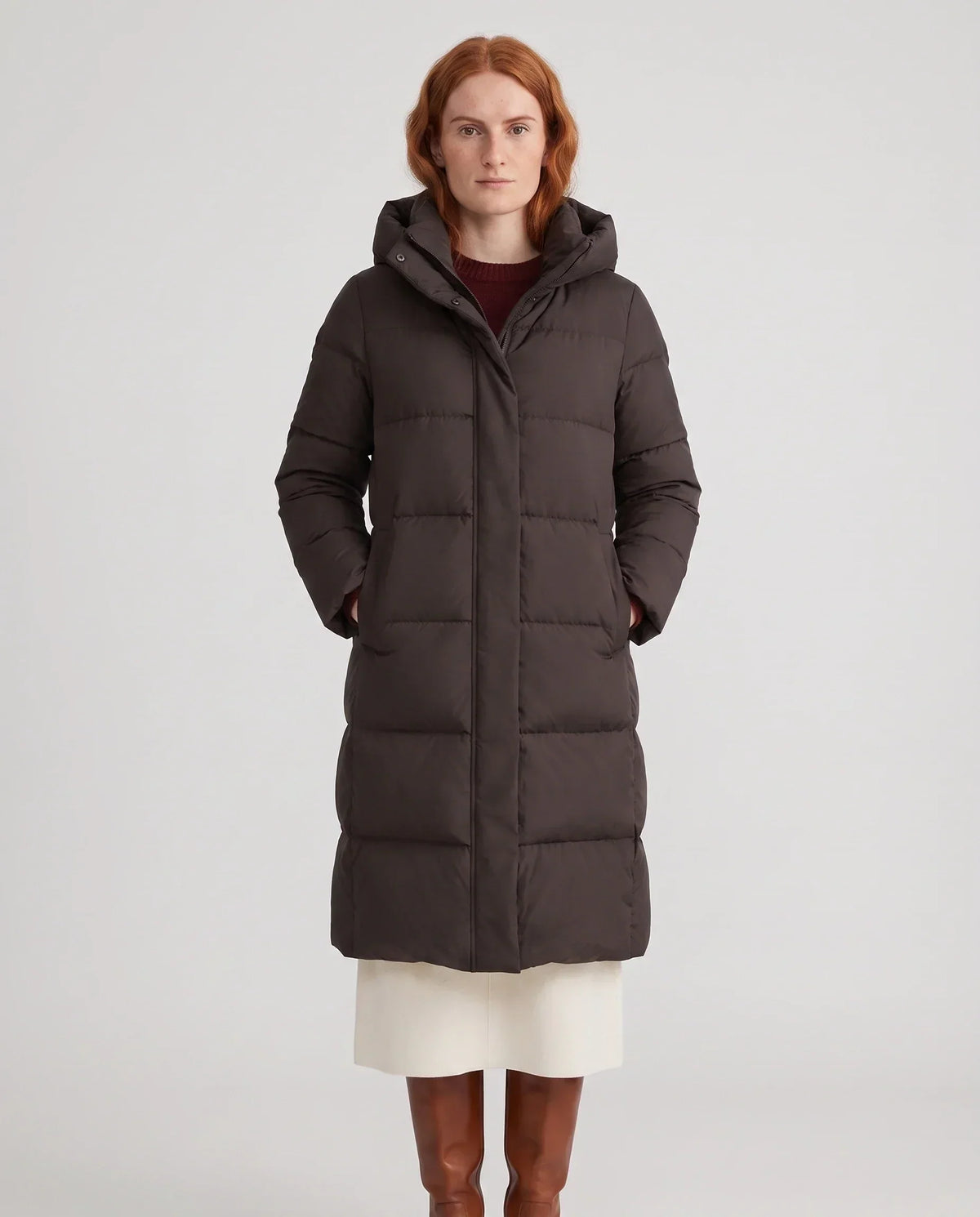 Long Water-Repellent Puffer Jacket with Hood Collar