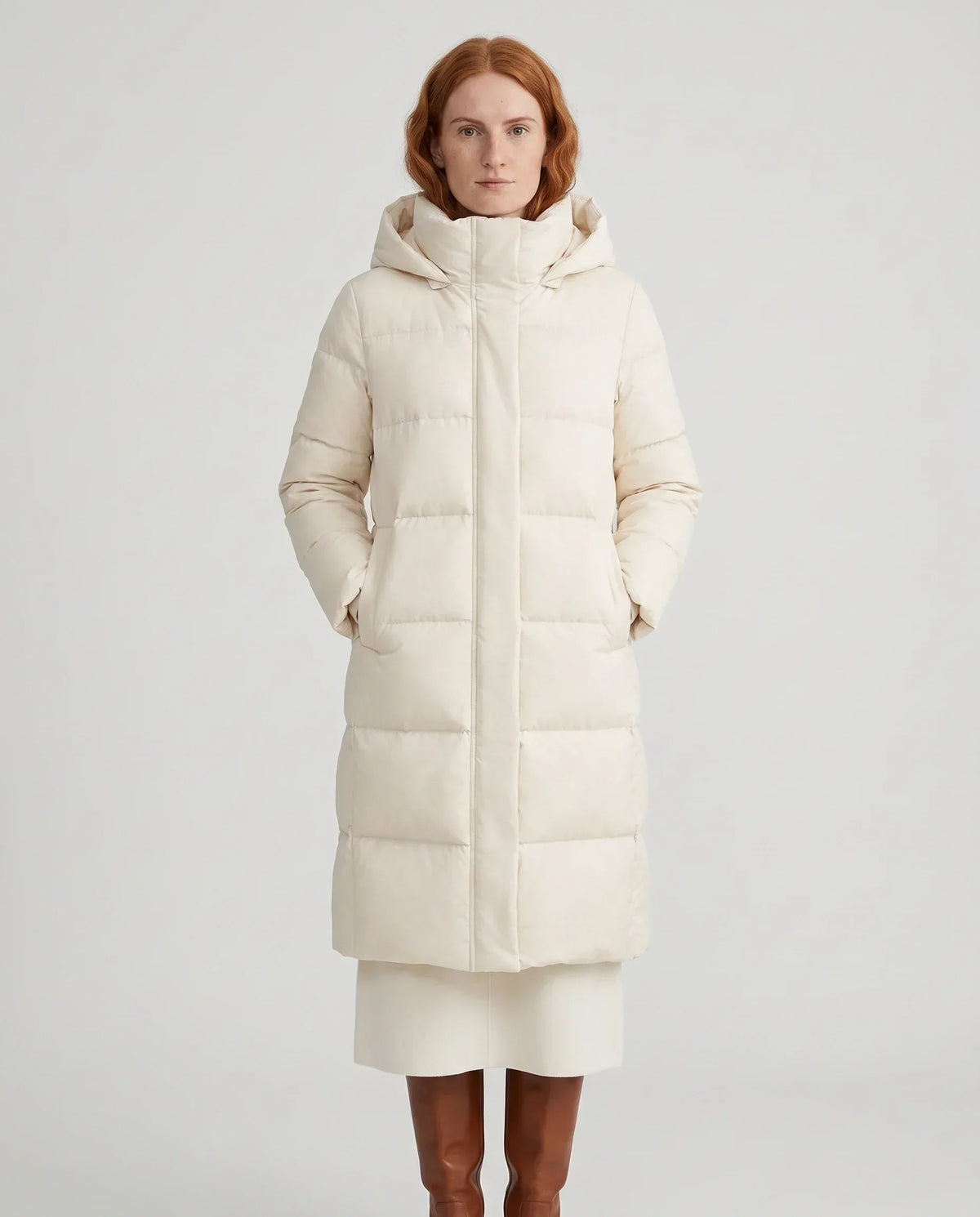 Long Water-Repellent Puffer Jacket with Hood Collar