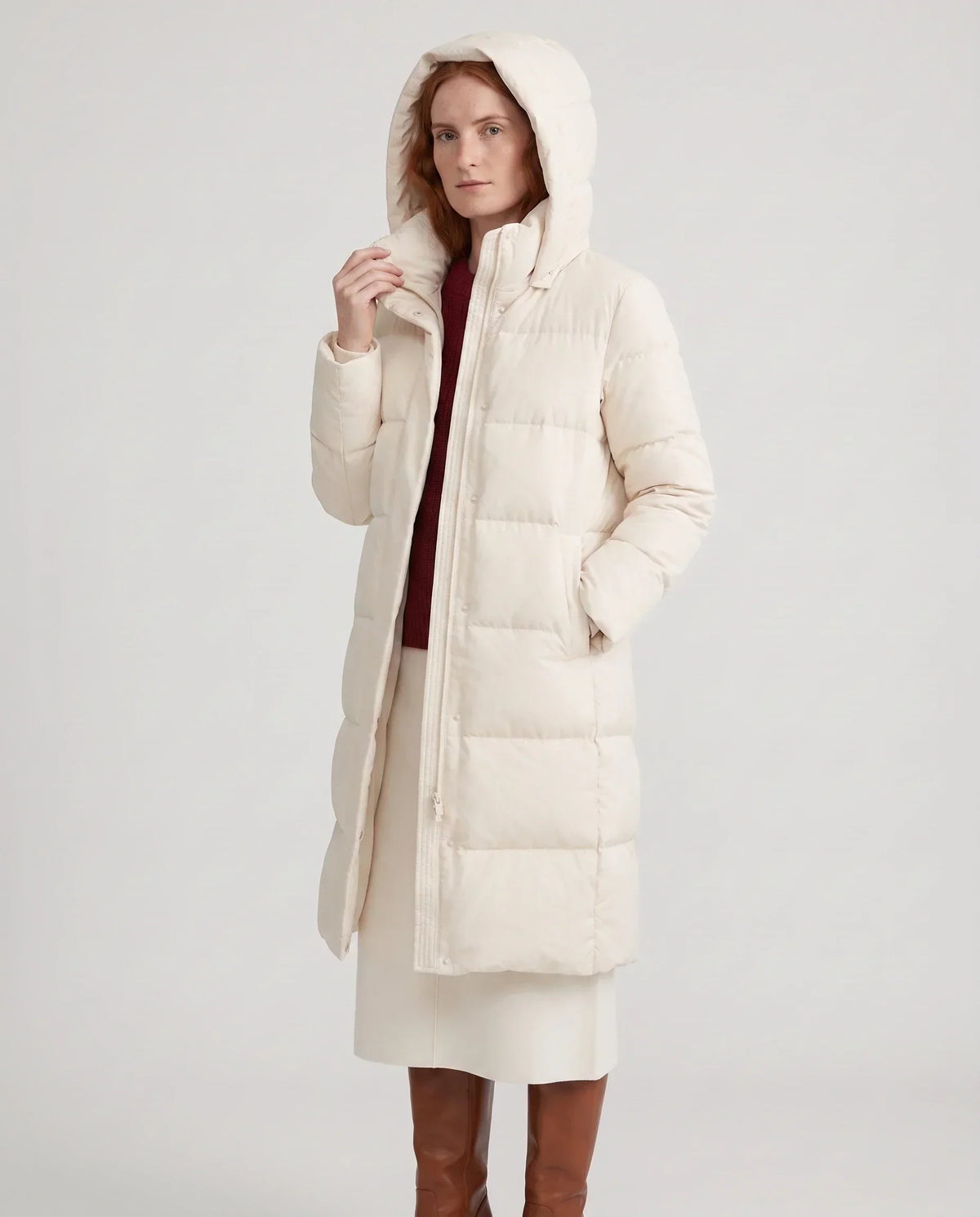 Long Water-Repellent Puffer Jacket with Hood Collar