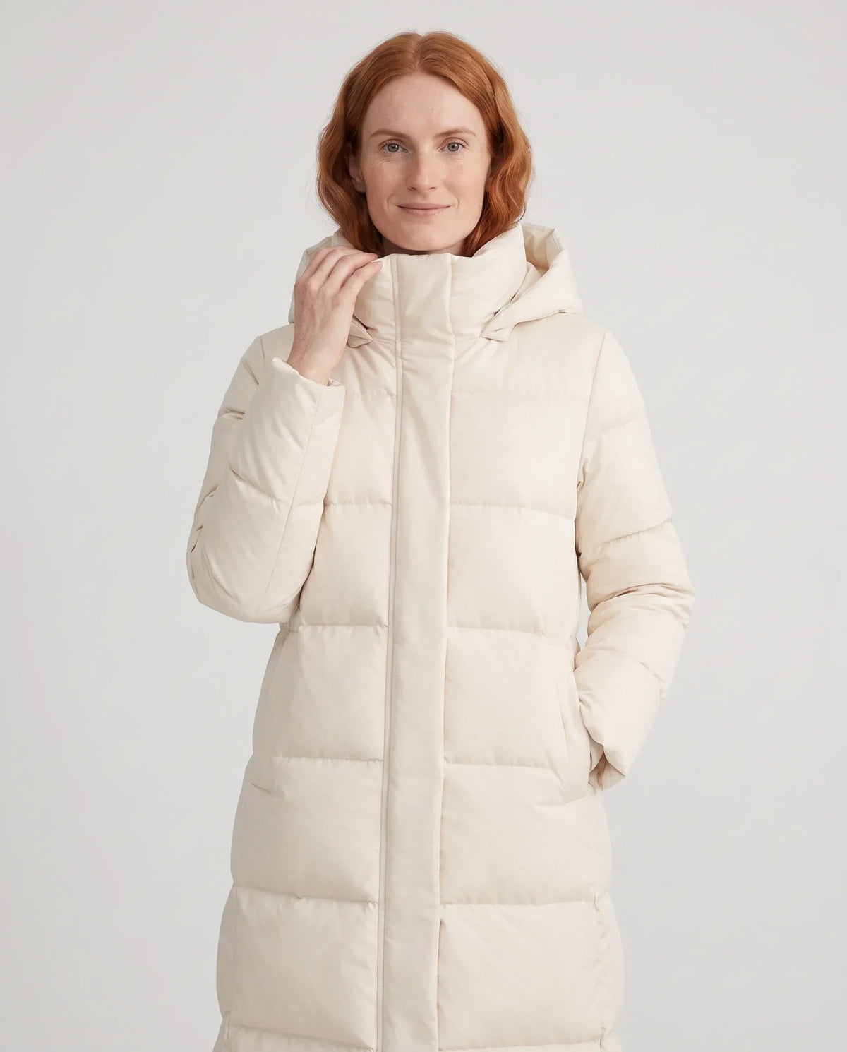 Long Water-Repellent Puffer Jacket with Hood Collar