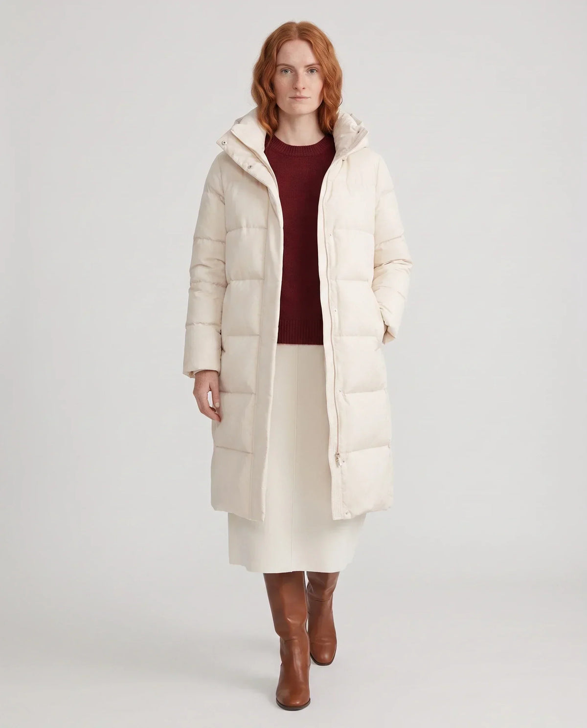 Long Water-Repellent Puffer Jacket with Hood Collar