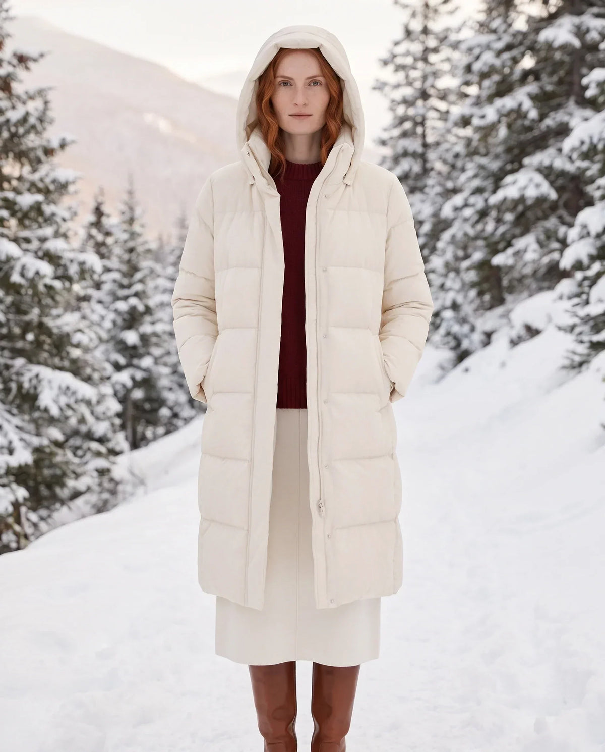 Long Water-Repellent Puffer Jacket with Hood Collar