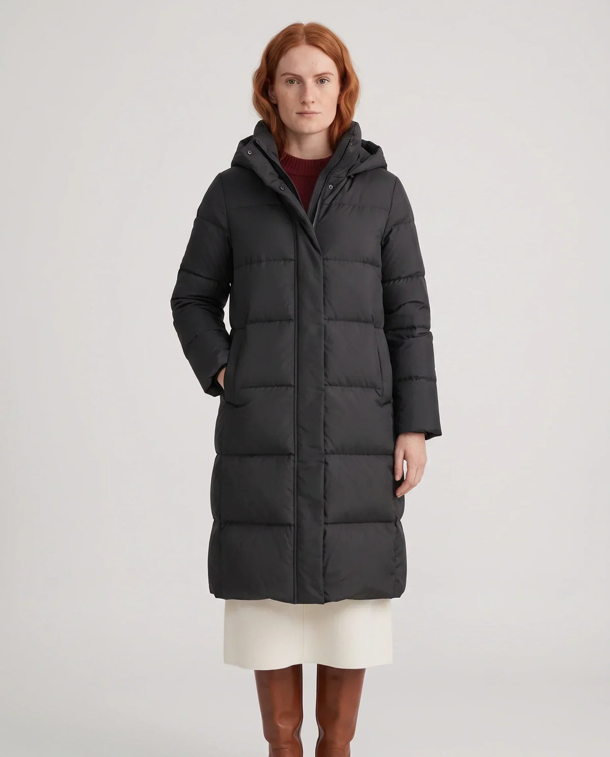 Long Water-Repellent Puffer Jacket with Hood Collar