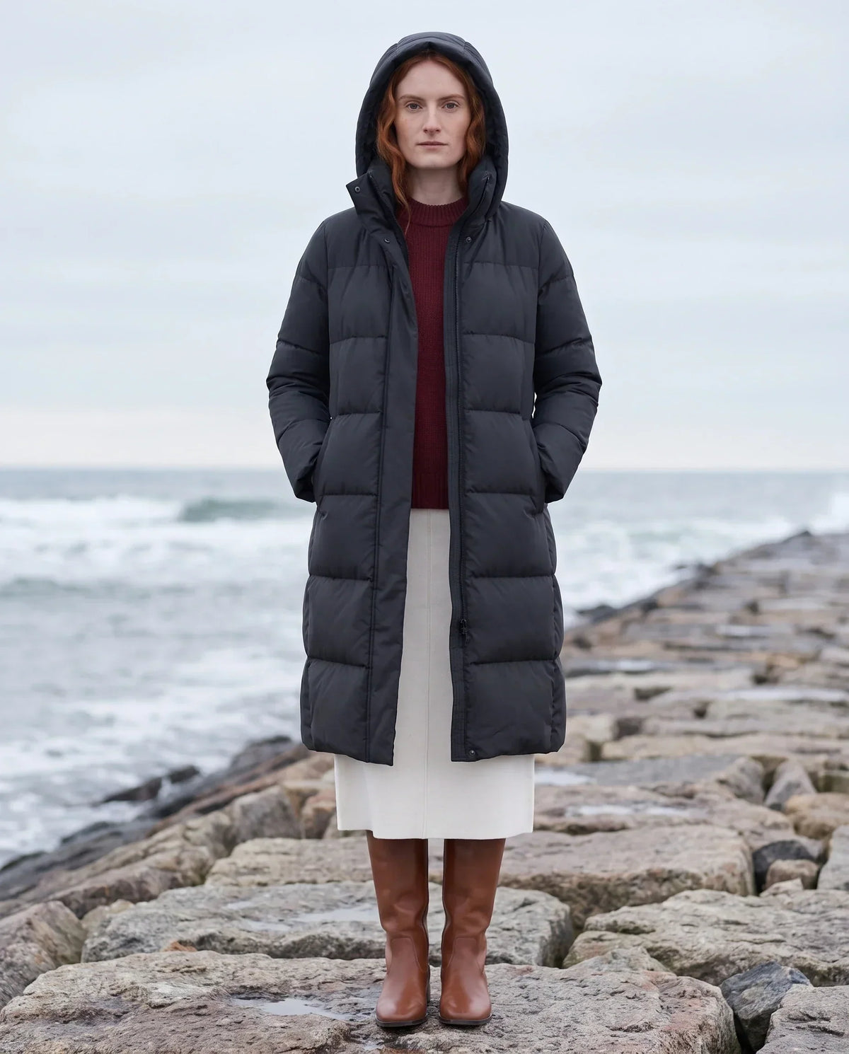 Long Water-Repellent Puffer Jacket with Hood Collar