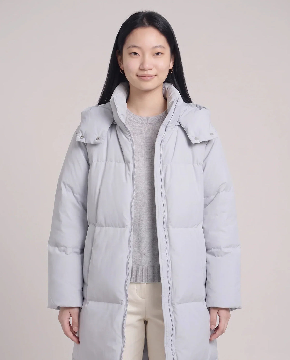 Long Puffer Jacket with Funnel Collar and Detachable Hood