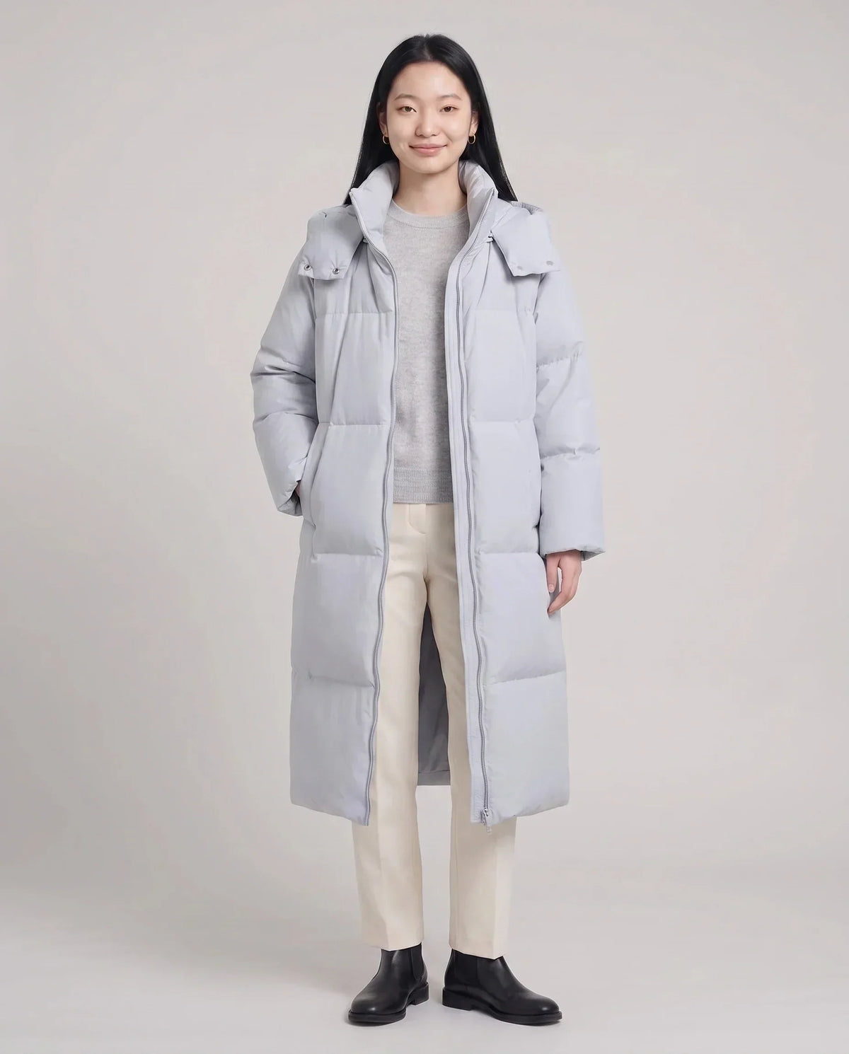 Long Puffer Jacket with Funnel Collar and Detachable Hood
