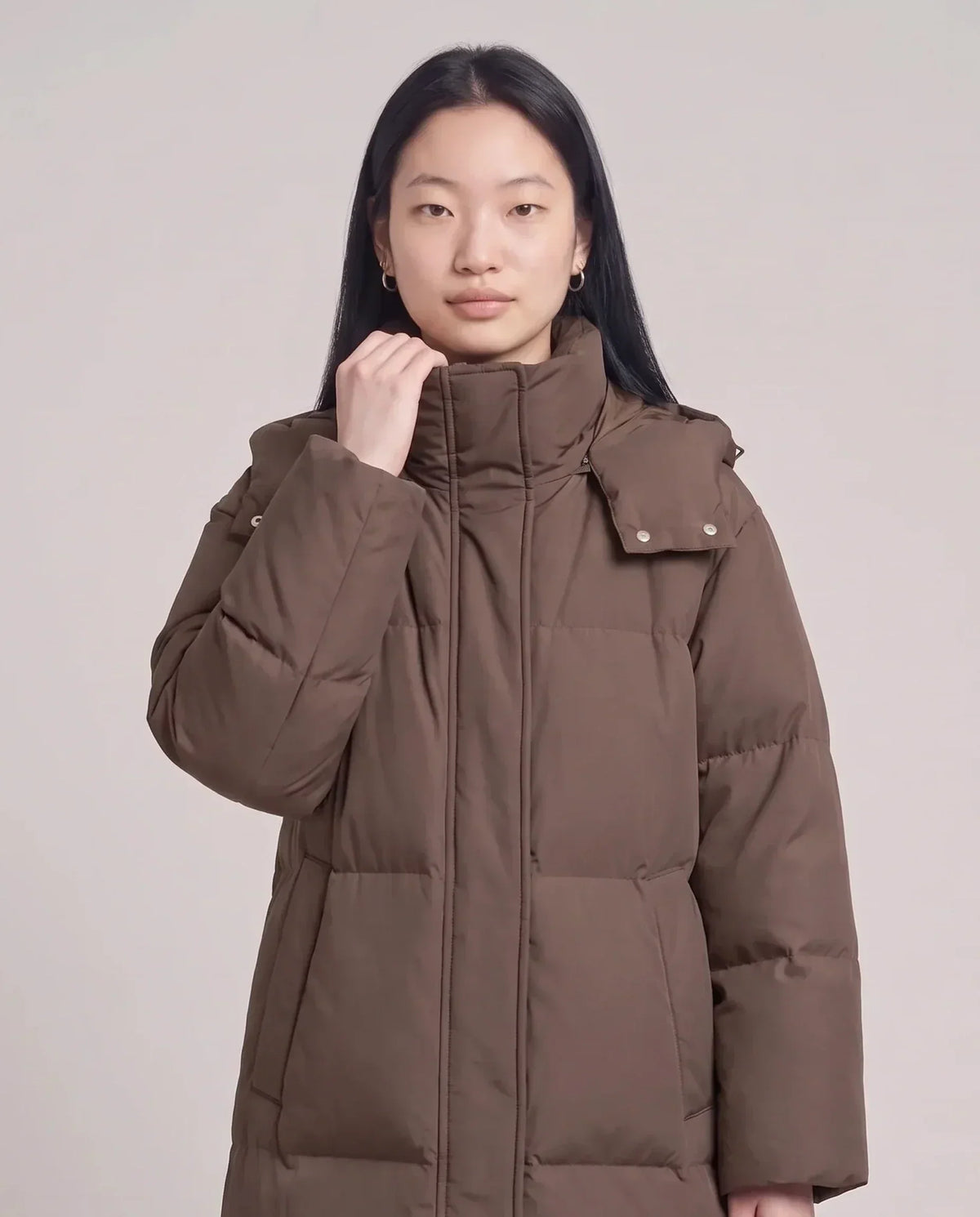 Long Puffer Jacket with Funnel Collar and Detachable Hood