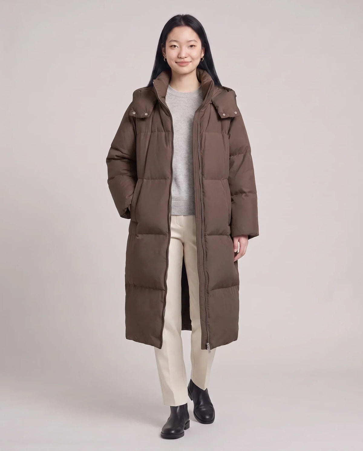 Long Puffer Jacket with Funnel Collar and Detachable Hood