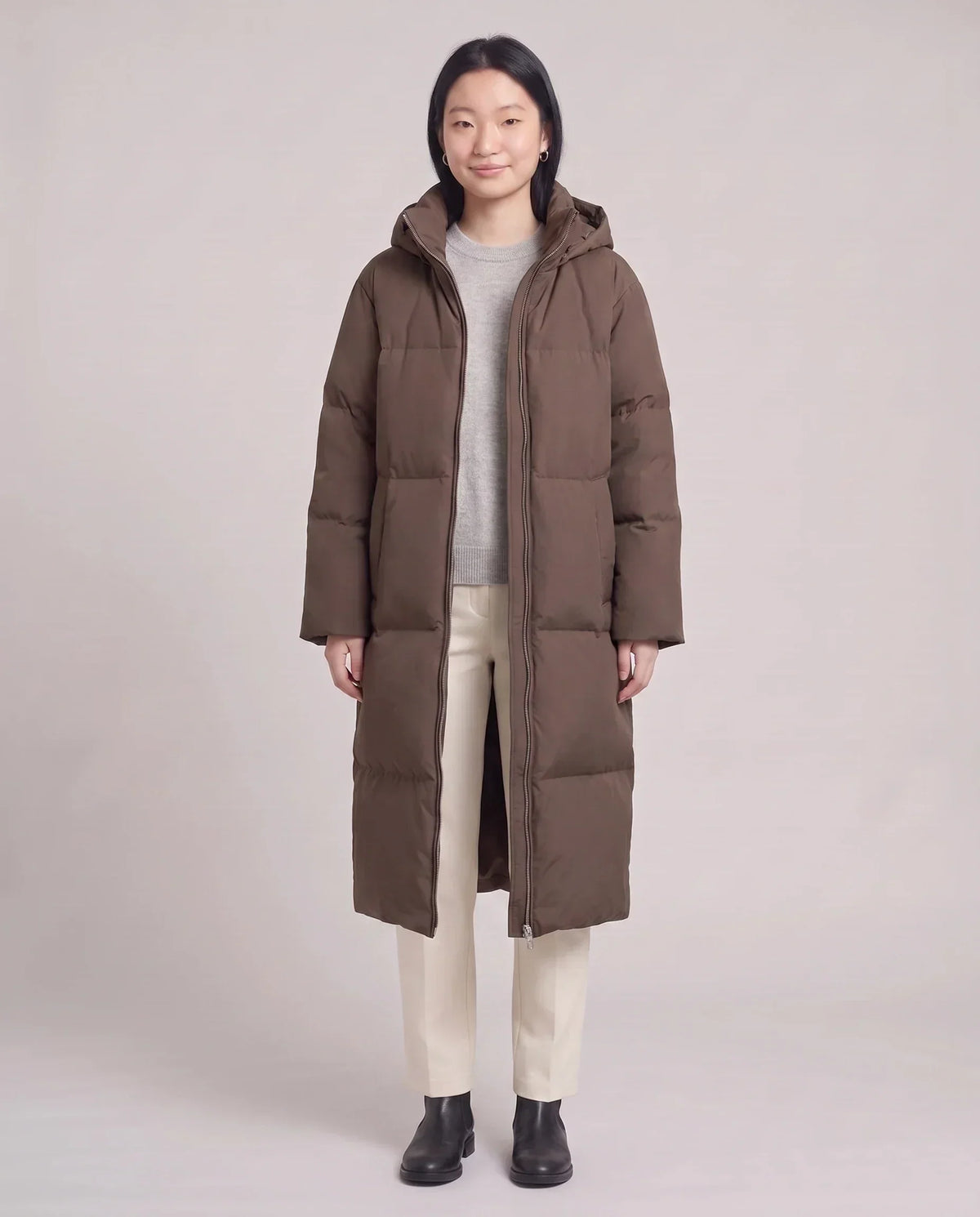 Long Puffer Jacket with Funnel Collar and Detachable Hood