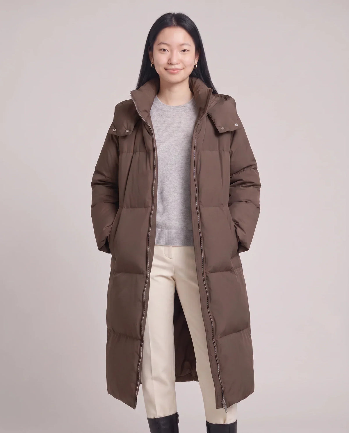 Long Puffer Jacket with Funnel Collar and Detachable Hood