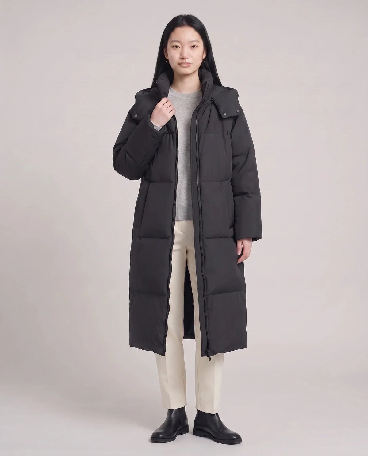Long Puffer Jacket with Funnel Collar and Detachable Hood
