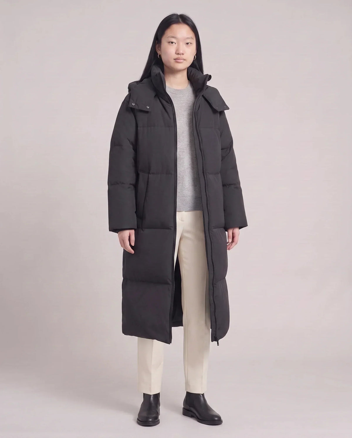 Long Puffer Jacket with Funnel Collar and Detachable Hood