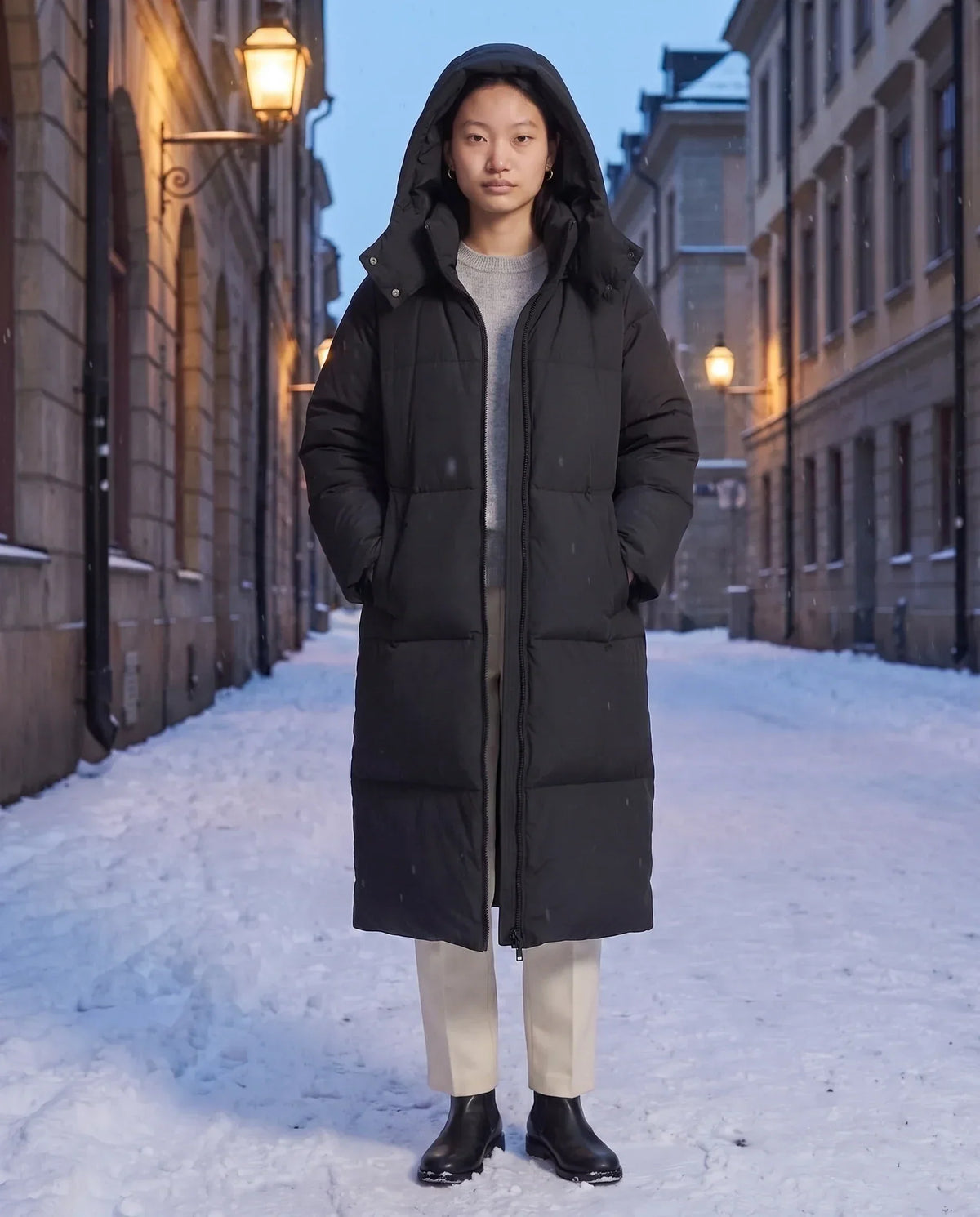Long Puffer Jacket with Funnel Collar and Detachable Hood