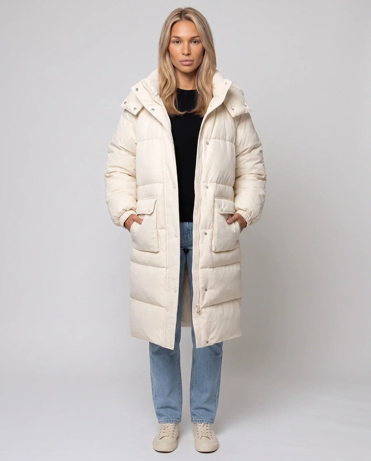 Long Water-Repellent Puffer Jacket with Patch Pockets