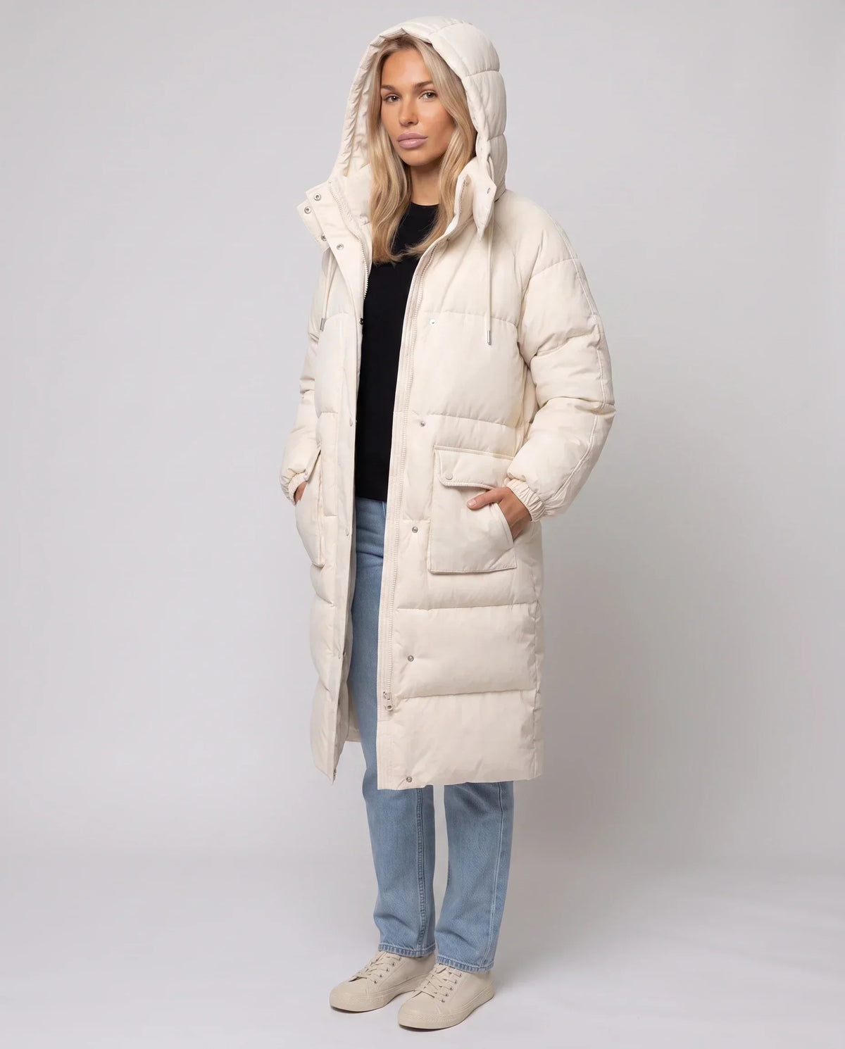 Long Water-Repellent Puffer Jacket with Patch Pockets