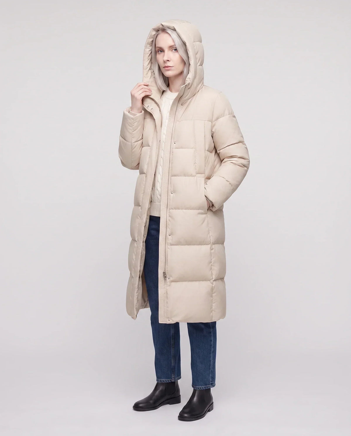 Long Flared Puffer Jacket with Water-Repellent Hood