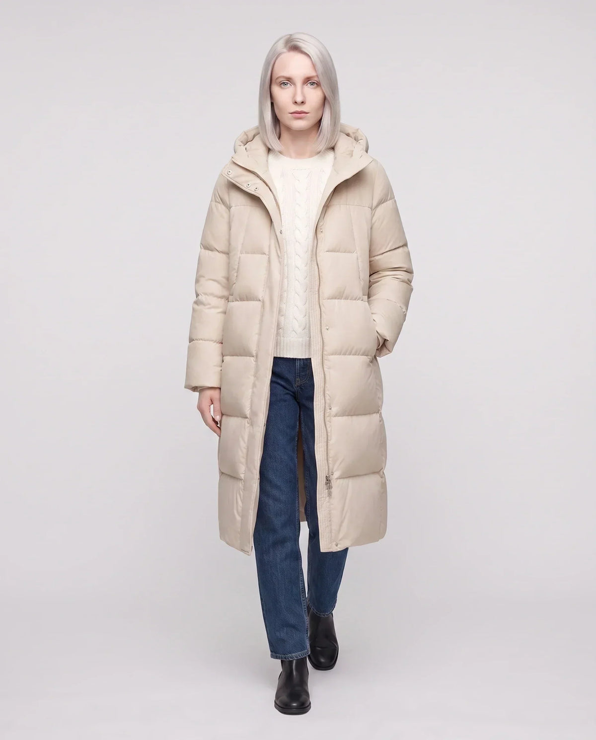 Long Flared Puffer Jacket with Water-Repellent Hood