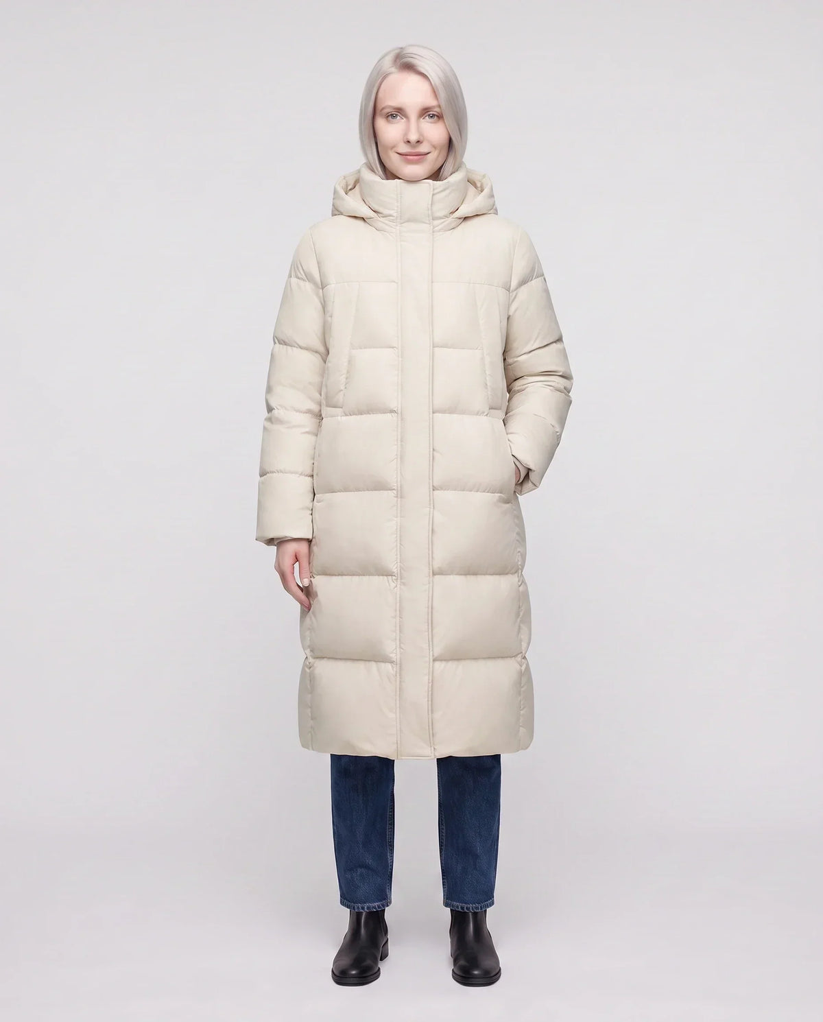 Long Flared Puffer Jacket with Water-Repellent Hood