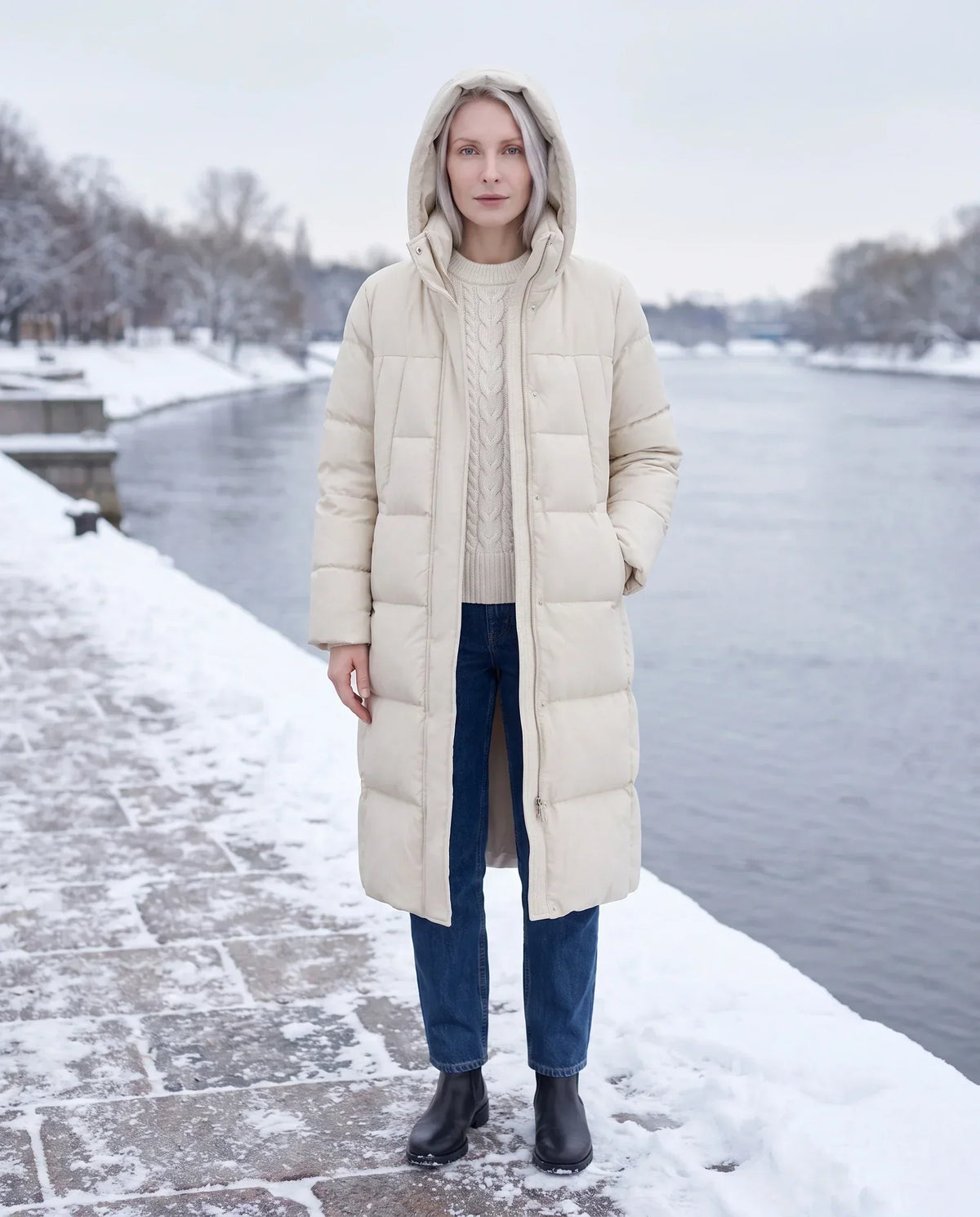 Long Flared Puffer Jacket with Water-Repellent Hood