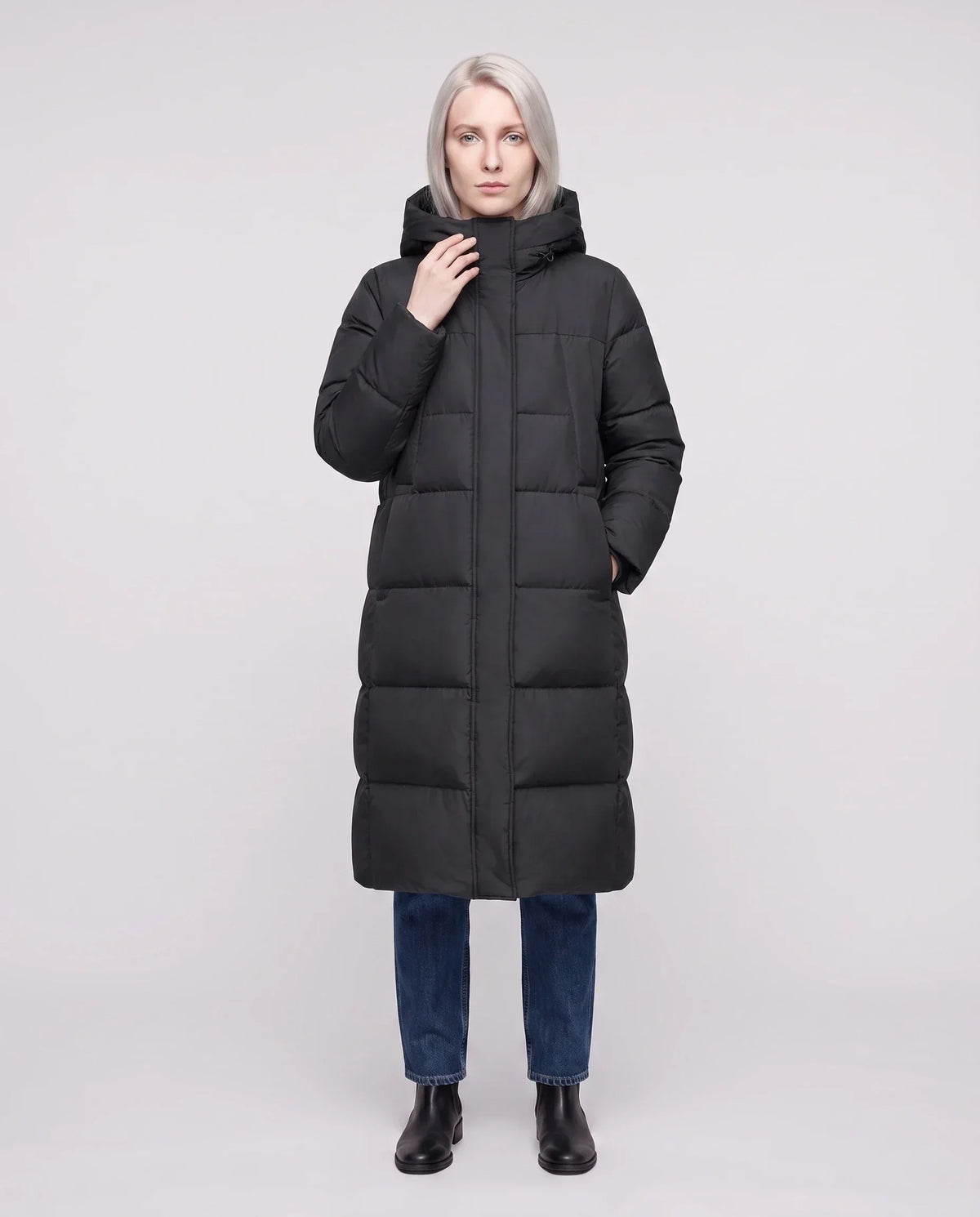 Long Flared Puffer Jacket with Water-Repellent Hood