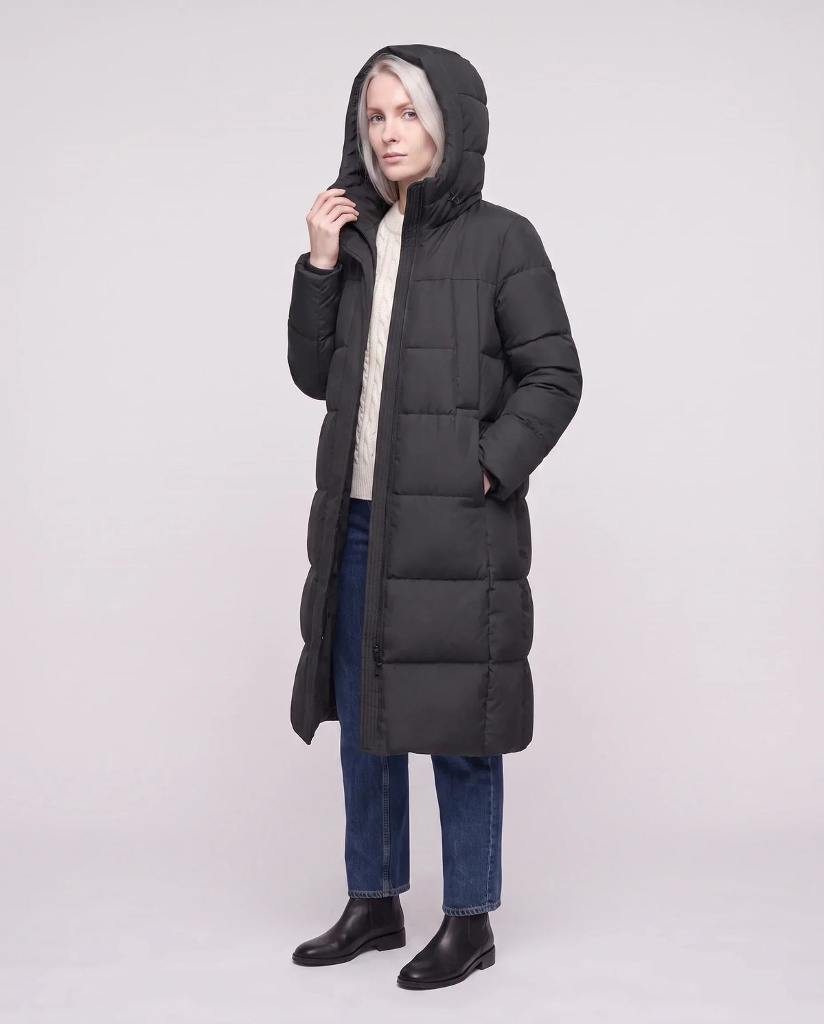 Long Flared Puffer Jacket with Water-Repellent Hood