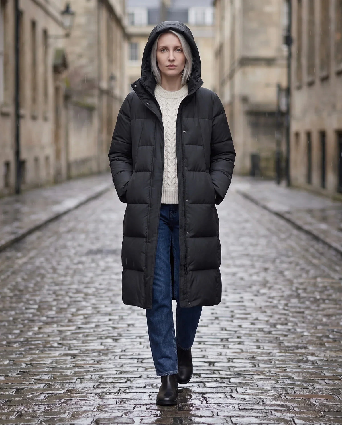 Long Flared Puffer Jacket with Water-Repellent Hood