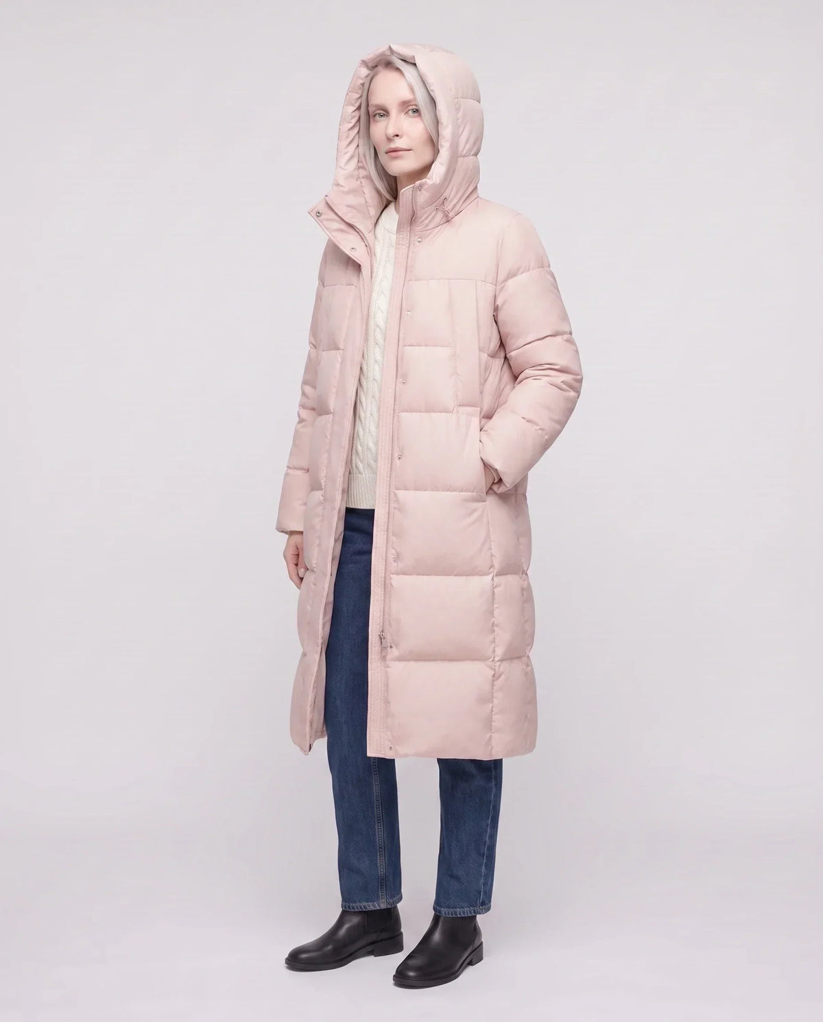 Long Flared Puffer Jacket with Water-Repellent Hood