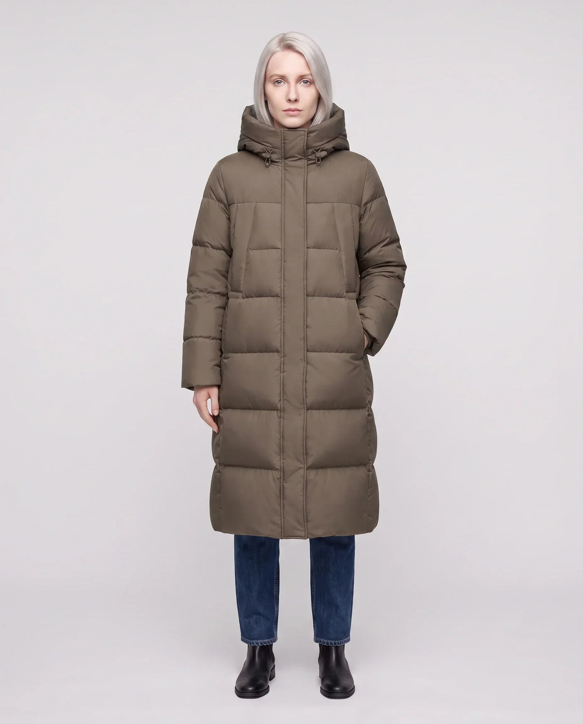 Long Flared Puffer Jacket with Water-Repellent Hood