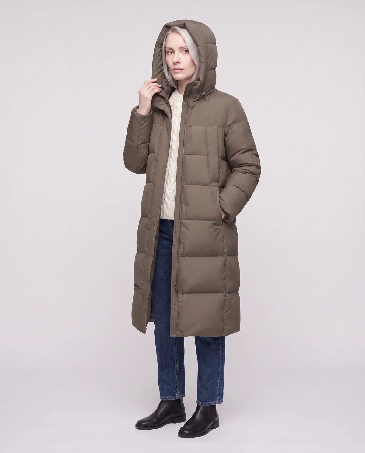 Long Flared Puffer Jacket with Water-Repellent Hood