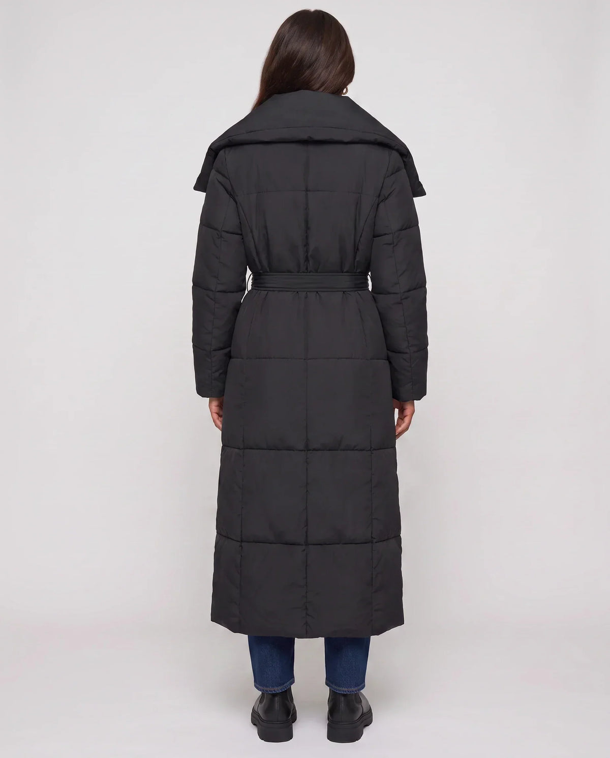 Extra-Long Belted Puffer Jacket with Quilted Shawl Collar