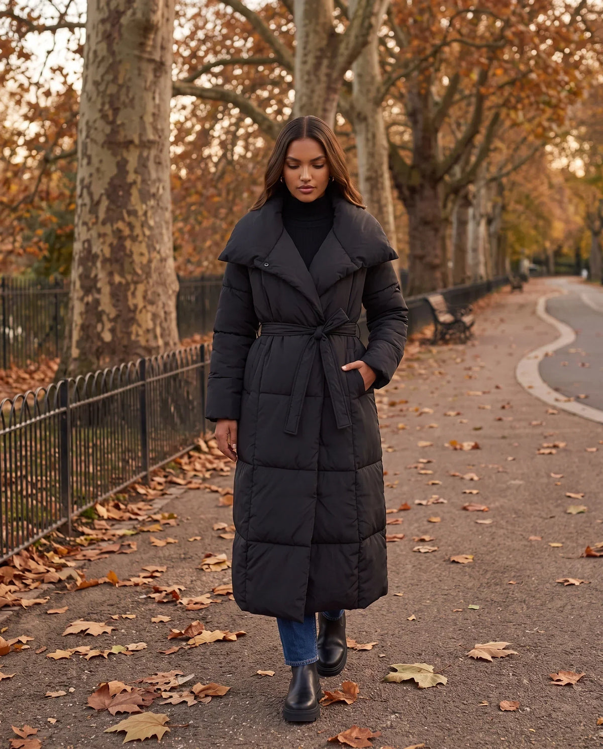 Extra-Long Belted Puffer Jacket with Quilted Shawl Collar
