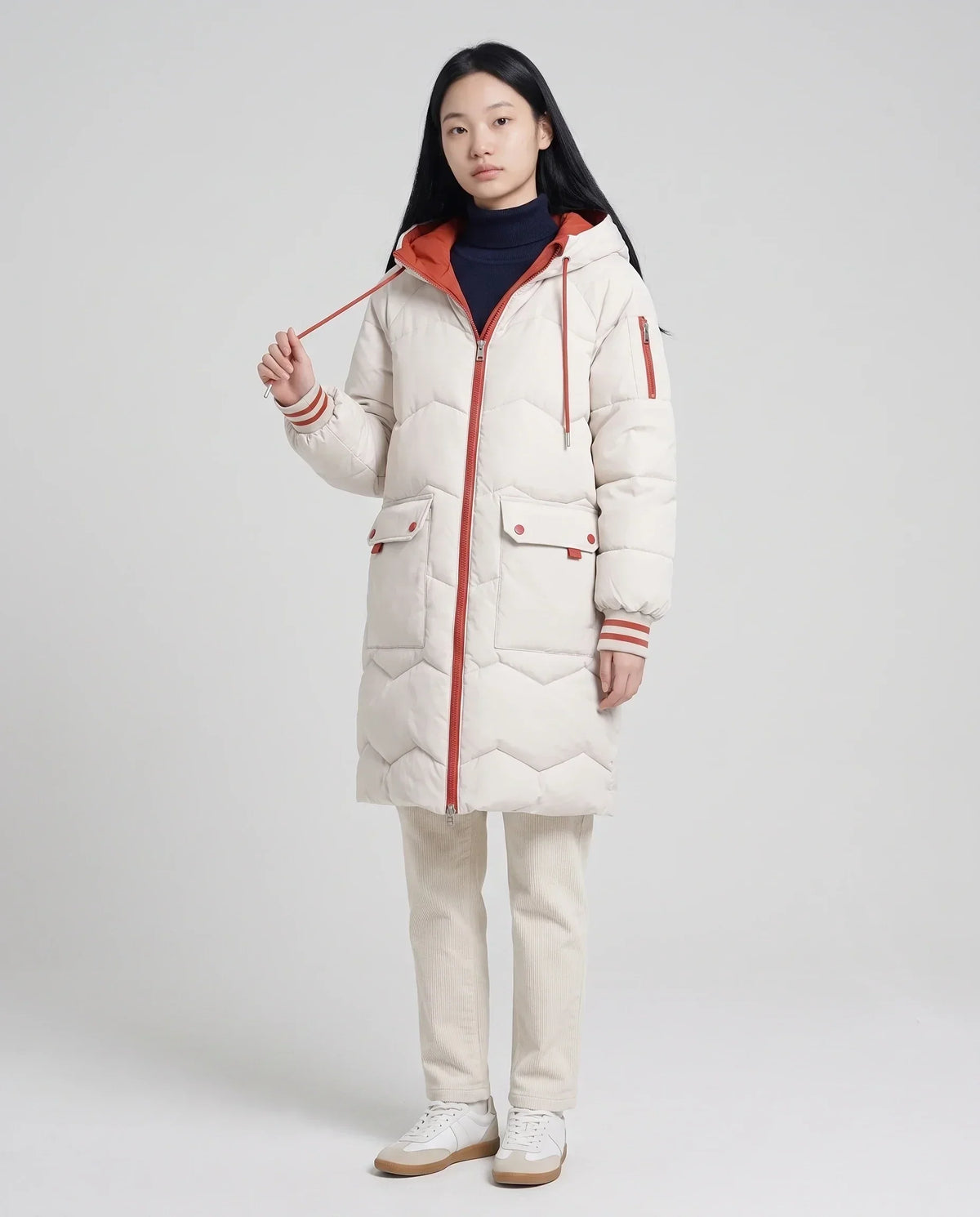 Long Oversized Hooded Puffer Jacket with Chevron Quilting