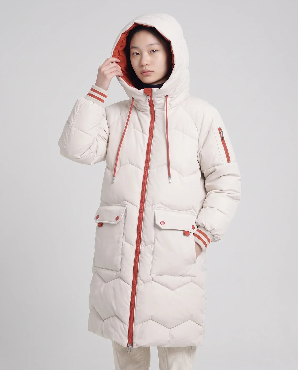 Long Oversized Hooded Puffer Jacket with Chevron Quilting