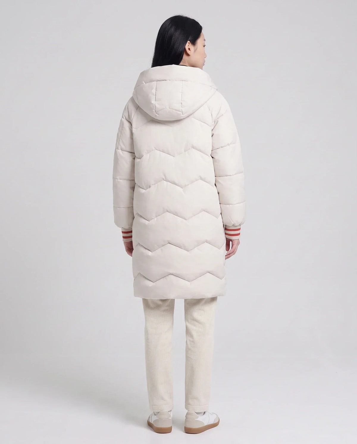 Long Oversized Hooded Puffer Jacket with Chevron Quilting