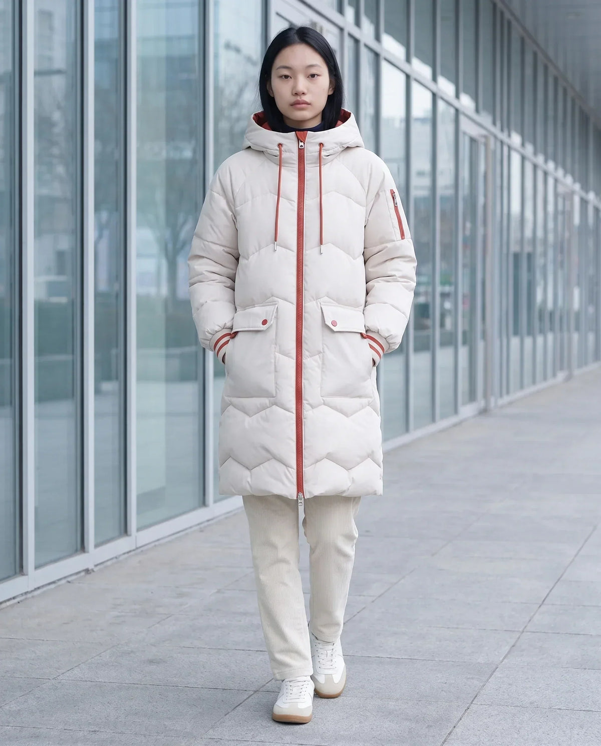 Long Oversized Hooded Puffer Jacket with Chevron Quilting