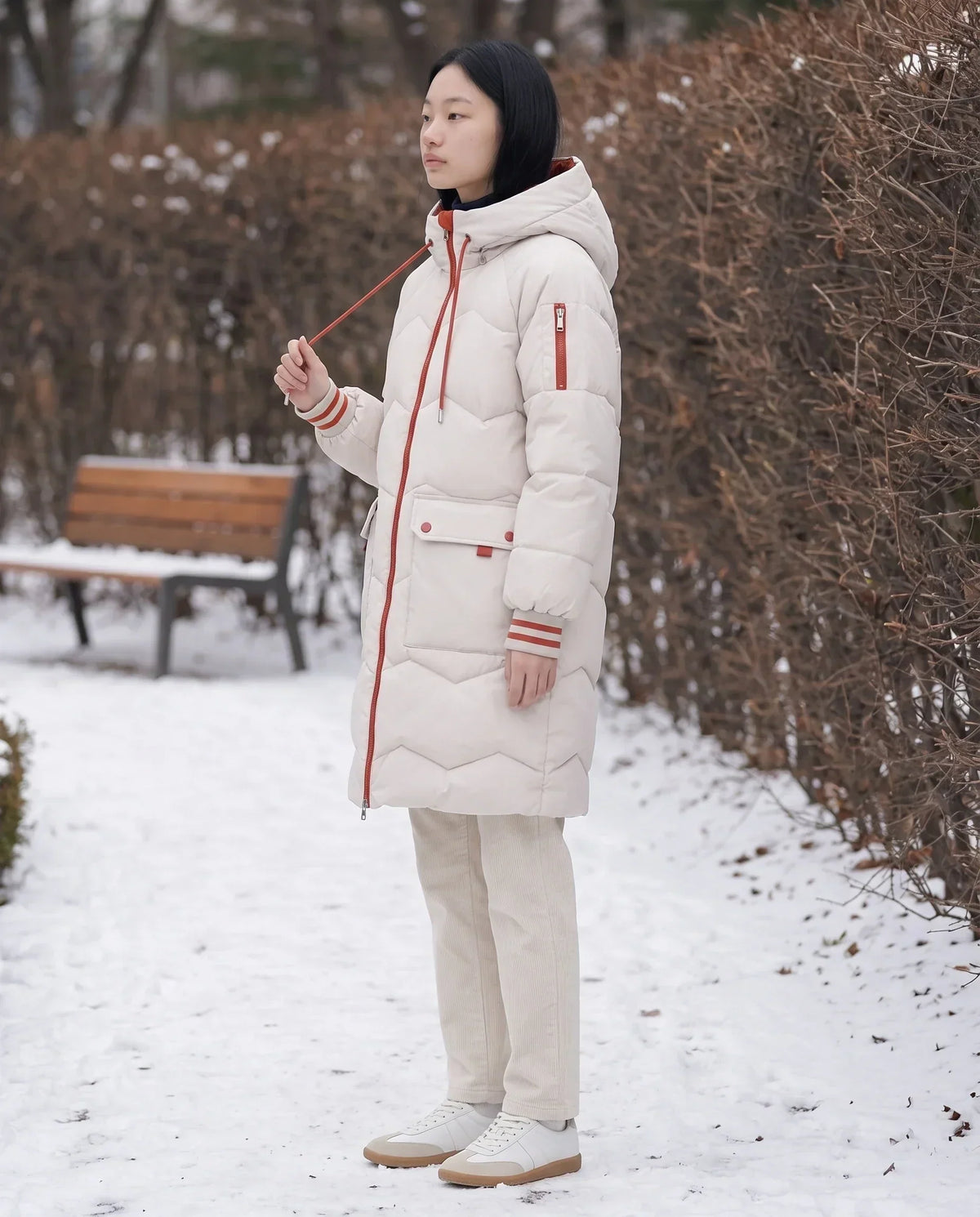 Long Oversized Hooded Puffer Jacket with Chevron Quilting