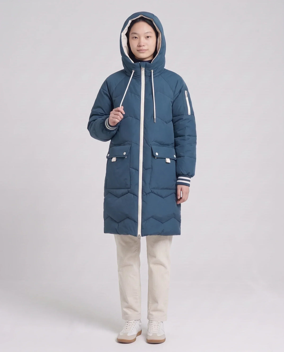 Long Oversized Hooded Puffer Jacket with Chevron Quilting