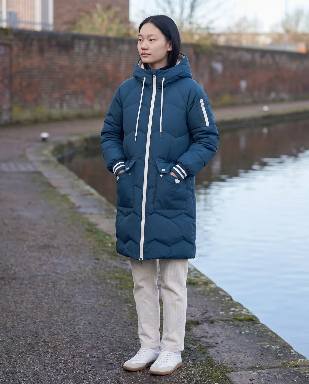 Long Oversized Hooded Puffer Jacket with Chevron Quilting