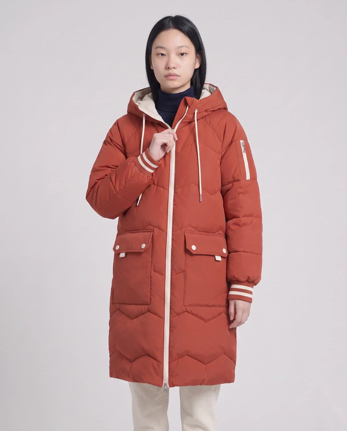 Long Oversized Hooded Puffer Jacket with Chevron Quilting