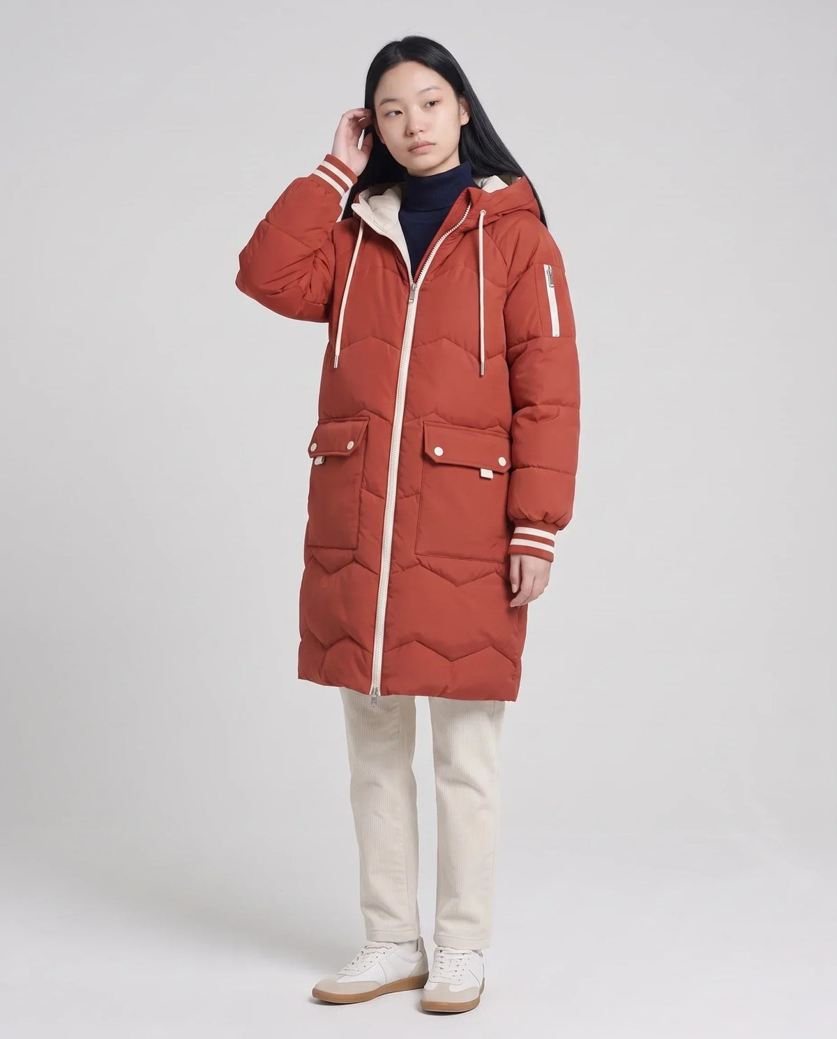 Long Oversized Hooded Puffer Jacket with Chevron Quilting